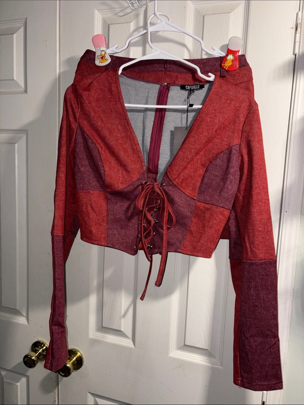 Capsulle Color Block Cropped Jacket in Red & Purple NWT